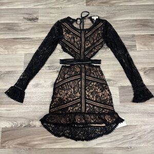 NWT For Love & Lemons Emerie Long Sleeeve Lace Mini Dress Black Size Extra Small
